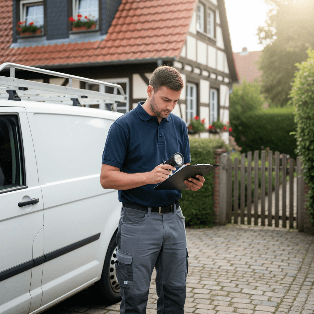 Techniker für die Bekämpfung Ameisen im Haus vor Einsatzfahrzeug
